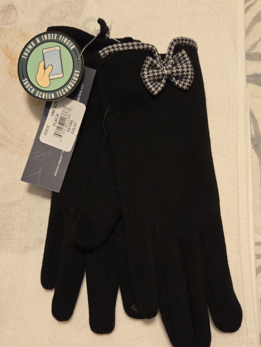 Black Touchscreen Gloves with Houndstooth Bow - Women, One Size Fits All.